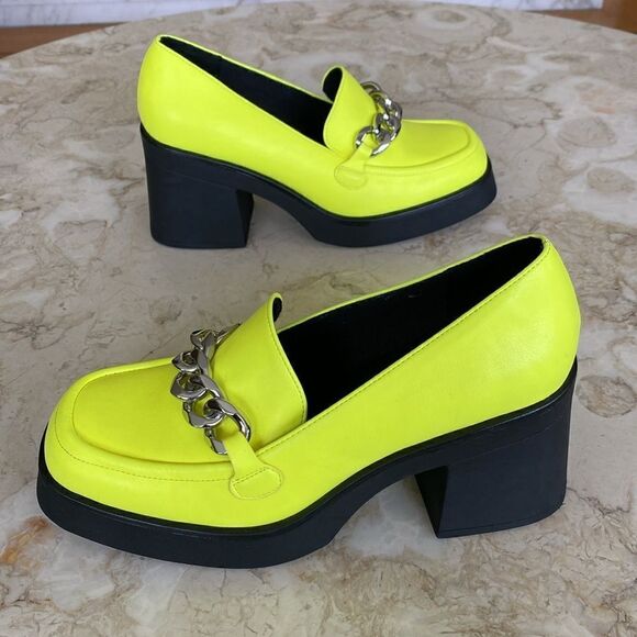 Call It Spring Noella Chain Platform Neon Green Vegan Leather Chunky Loafers - Picture 5 of 13